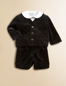 A charming little suit for dressing up your young gentleman.V-neck velvet jacket with front buttons and welt pocketsVelvet suspender shorts with elastic waist and adjustable strapsWoven pique shirt with contrast-trim Peter Pan collar and short sleevesFully linedCottonMachine washImported Please note: Number of buttons may vary depending on size ordered. A charming little suit for dressing up your young gentleman.V-neck velvet jacket with front buttons and welt pocketsVelvet suspender shorts with elastic waist and adjustable strapsWoven pique shirt with contrast-trim Peter Pan collar and short sleevesFully linedCottonMachine washImported Please note: Number of buttons may vary depending on size ordered.