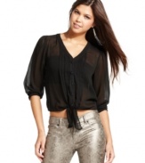 Eyeshadow creates sheer romance on a blouse that features tie-front design and gauzy chiffon fabric!