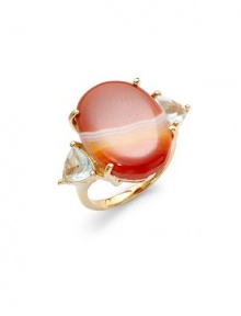 THE LOOKMottled glass oval with druzy-effect textureEdged by tinted aqua faceted glass trillionsPolished prong setting and bandTHE FITWidth, about 1½THE MATERIALGlass18k goldplatingORIGINImported Please note: Pattern and texture of glass may vary. 