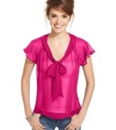 Designed in intense hues, this sheer bow blouse from Lily White adds ladylike charm to your toughest skinny jeans!
