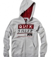 He can hang with the big guys when he's rocking this warm zip-up hoodie from Quiksilver.