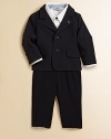 Impeccable tailoring in Italian virgin wool with just the right touch of stretch.Notched collar jacket with logo pin Front button closure Chest pocket Lower flap pockets Long sleeves with functional button cuffs Center back vent Flat front pants Button and zip fly Front slash pockets Back button-through pocket 95% virgin wool/5% elastic Dry cleanMade in Italy Please note: number of buttons may vary depending on size ordered. 