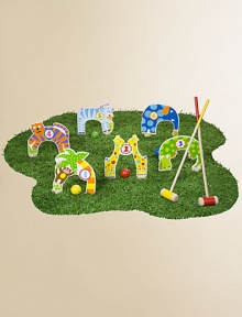 Your kids will have a roarin' good time when they play this challenging game. Easy to set up indoors or outside.6 wacky wooden wickets4 mallets4 balls6 stakesSuitable for ages 3 and upImported Your kids will have a roarin' good time when they play this challenging game. Easy to set up indoors or outside.6 wacky wooden wickets4 mallets4 balls6 stakesSuitable for ages 3 and upImported