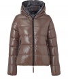 A sleek outer shell and vibrant contrast lining lend this Duvetica down jacket its sporty and stylish edge - In a lighter weight, wind- and water-resistant dark taupe polyamide with black trim - Slim cut tapers through waist and fits close to the body for extra warmth - Full zip, hood and oversize diagonal zippered pockets at front - Perfect for cold weather casual looks - Pair with denim, leggings and cords
