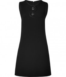 This retro look has become a modern addition to any hip wardrobe - 1960s-style dress in black wool crepe - Sleeveless with a small, subtle v-neckline, decorative buttons and piping - Slim, fitted cut with a flared A-line silhouette - Simple, feminine choice for just about any occasion - Wear to the office with a blazer and flats, or in the evening with heels and a clutch