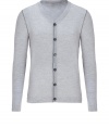 With a cool grey hue and modern contrast trim, Jil Sanders wool cardigan is both classic and contemporary - High V-neckline, long sleeves, button-down front, contrast trimmed seaming - Slim fit - Wear with a button-down, tailored trousers and lace-ups