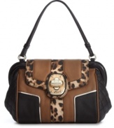 A classic satchel silhouette from GUESS gets a mod update with a dramatic center turnlock and leopard print piping. Perfectly organized interior neatly stores your wallet, phone, keys and all other travel essentials.