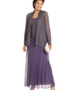 Patra adorns this gown with a lovely open-knit layer at the bodice, highlighted by sparkling metallic accents. A coordinating shawl-collar jacket is a chic complement to the look.