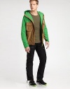 A sporty colorblocked design lends athletic appeal to this sleek microfiber hoodie, constructed with water-repellent properties and ample pocket storage for a look that's both smart and stylish on outdoor excursions.Zip frontVelcro®-tab closure at the upper placketAdjustable drawcord hoodSide zip pocketsSnap-flap chest pocketsAngled snap-flap welt chest pocketVelcro® cuffsAbout 28½ from shoulder to hemPolyesterMachine washImported