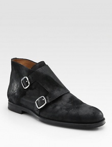 A minimal and modern expression of an English classic with a '60s-inspired English pewter buckle. Double monk strap detail Leather lining Rubber sole Made in Italy 