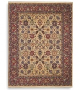 A long runner that is ideal for hallways and entryways. Patterned on an antique Mahal carpet design, this rug showcases the intricate beauty of flowers, leaves, vines, vases and palmettes on a soft ivory ground. A special dyeing process imparts rich, subtle gradations to a color palette that includes ivory, caramel, terra cotta, blues and soft greens. Woven in the USA of New Zealand premium worsted wool for indulgent softness.