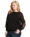 Dress up your casual look with Jessica Simpson's plus size blouse, featuring sleeve cutouts.
