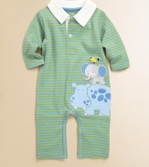 This adorable romper is rendered in plush cotton and adorned with friendly animal appliqués.Pointed collarLong sleevesFront button placketBottom snapsCottonMachine washImported Please note: Number of buttons and snaps may vary depending on size ordered. 