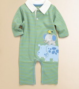 This adorable romper is rendered in plush cotton and adorned with friendly animal appliqués.Pointed collarLong sleevesFront button placketBottom snapsCottonMachine washImported Please note: Number of buttons and snaps may vary depending on size ordered. 