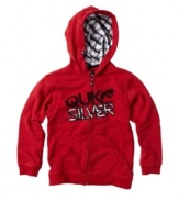 He'll sport this sweatshirt from Quiksilver in style with its bold color and lined hood.