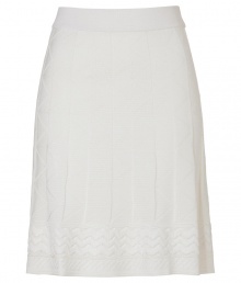 Polish your look with a chic feminine edge in Missoni Ms characteristic textural knit ecru skirt - Flat elasticized waistband, contrast patterned border around hemline, matching satin lining - Fitted waist, flared silhouette - Wear with a bright knit top and sophisticated heels