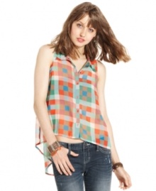 American Rag gives the plaid top a super-cool makeover, incorporating au-courant sheer style, a high-low hem and a totally eye-popping color palette! American Rag gives the plaid top a super-cool makeover, incorporating au-courant sheer style, a high-low hem and a totally eye-popping color palette!