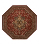 With regal designs that pay homage to the ancient art of rug-making, this piece imparts a classic, yet modern feel with rich colors that reflect the most popular looks of today. Featuring a dramatic center medallion, sweeping out in a burst of branches and blossoms, and accented in deep tones of antique red. Meticulous power-loom construction with Couristan's patented locked-in-weave and crystal-point finish. 25-year limited warranty.