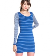 All hail the sweater dress! Say What? takes this closet staple style to the next level with a design thats replete with cool details. We're lovin' the play of stripes and super-cool zipper accents!