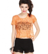 An assembly of bows line the back of this neon-bright lace top, adding dark cool to the perfect piece of fashion candy! From Material Girl.