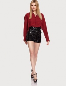 Abbreviated chic in dazzling sequined tulle.Elastic waistband Pull-on styleRise, about 15Inseam, about 150% nylon/50% polyesterDry cleanImported Abbreviated chic in dazzling sequined tulle.Elastic waistband Pull-on styleRise, about 15Inseam, about 150% nylon/50% polyesterDry cleanImported