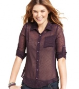 Crafted from clip-dot chiffon, Fresh Brewed's roll-tab button-down top brings texture to your easygoing day look.