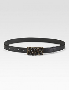 Rich saffiano textured calfskin embellished with a resin stone buckle detail. About 1 wide Made in Italy 