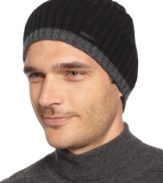 Calvin Klein tips this hat with charcoal, adding a modernist edge to the basic beanie.