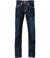 With Western-inspired details, these stylish distressed jeans from True Religion will amp up your casual basics - Classic five-pocket styling, fading details, decorative back pockets with logo detail, contrast stitching - Straight leg, slim fit - Pair with a tee and a blazer or a cashmere sweater