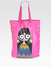 The always-quirky Miss Marc highlights the front of this stash-it-all essential, crafted from packable polyester.Shoulder straps, 8½ drop16½W X 19H X 4DImported