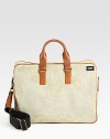 On-the-go convenience for work or school, designed in waxed linen with leather trim, plenty of pockets and compartments for a sophisticated, organized appeal.Double top handlesAdjustable shoulder strapInterior zip pocketInterior compartmentsCanvas and waxed linen with leather trim12¾W X 16¾H X 6DImported