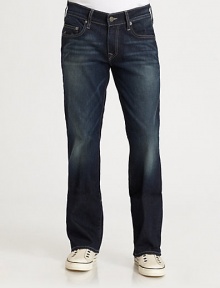 A deep rinse is accented by contrast stitching in a classic bootcut silhouette for a sharp appeal.Five-pocket styleZip flyStitched back pocketsInseam, about 3298% cotton/2% elastaneMachine washMade in USA A deep rinse is accented by contrast stitching in a classic bootcut silhouette for a sharp appeal.Five-pocket styleZip flyStitched back pocketsInseam, about 3298% cotton/2% elastaneMachine washMade in USA