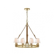 Elegantly rendered in luxurious saddle leather and brass, this modern Ralph Lauren chandelier illuminates through eight bulbs topped with textural linen shades. Elegantly rendered in luxurious saddle leather and brass, this modern Ralph Lauren chandelier illuminates through eight bulbs topped with textural linen shades.