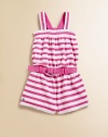 A warm-weather-ready romper is crafted from soft striped terrycloth and features a matching belt and signature pony embroidery.Squareneck with smocked trimShoulder strapsPull-on styleBelted waist with double D-ring belt and bow detail90% cotton/10% polyesterMachine washImported