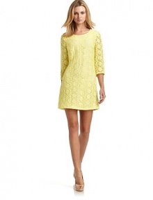 THE LOOKFloral embroidered lace overlayScoop necklineBust dartsThree-quarter length sleevesBack zipper with hook-and-eye closureContrast underlayTHE FITAbout 32 from shoulder to hemTHE MATERIALPolyesterFully linedCARE & ORIGINDry cleanImportedModel shown is 5'9½ (176cm) wearing US size Small. THE LOOKFloral embroidered lace overlayScoop necklineBust dartsThree-quarter length sleevesBack zipper with hook-and-eye closureContrast underlayTHE FITAbout 32 from shoulder to hemTHE MATERIALPolyesterFully linedCARE & ORIGINDry cleanImportedModel shown is 5'9½ (176cm) wearing US size Small.