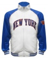 The Most Valuable Fan wears this baseball style running jacket featuring the New York Knics by Majestic.
