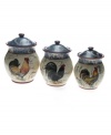 There's no better accessory for country kitchens than vintage-inspired Lille Rooster canisters, featuring farm birds, Baroque florals and letters from France in three convenient sizes for stashing dry ingredients, snacks and more.