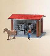 This remarkably detailed, modular structure extends as your horse collection grows. Each stall has hay, water trough, name plaque, a rake, broom, shovel and pitch fork. Woman and horse colors may vary.PlasticAssembly required19 X 12.2 X 14.25Recommended for ages 3 and upMade in Germany