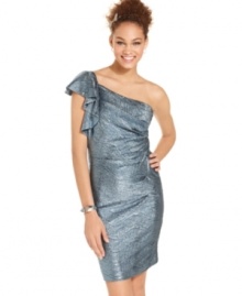 Boasting a slightly gathered bodice and cascading, ruffled sleeve, this one-shoulder dress from Hailey Logan is designed to dazzle. Boasting a slightly gathered bodice and cascading, ruffled sleeve, this one-shoulder dress from Hailey Logan is designed to dazzle.