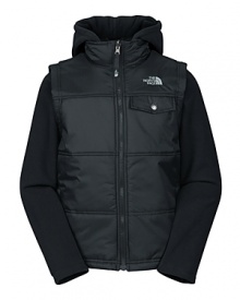 From The North Face®, a cleverly embellished quilted vest with knit sleeve insets for a just-right layer for those in-between autumn days.