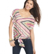 Get a sundrenched look in this colorful casual tee by Pretty Rebellious, featuring a bright striped print, breezy silhouette and a tie at the waist for a finishing touch.