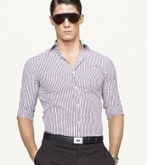 An elegant striped shirt is expertly tailored for a trim, modern fit and handsomely rendered in smooth poplin with a hint of stretch for sleek, stylish comfort.
