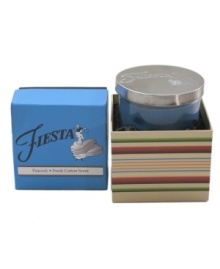 Yet another reason to love Fiesta, this pretty blue candle inspires calm in the den, kitchen or bath with a clean cotton aroma. A metal lid embossed with the style icon's famous flamenco dancer caps it all off. With a coordinating gift box. Yet another reason to love Fiesta, this pretty blue candle inspires calm in the den, kitchen or bath with a clean cotton aroma. A metal lid embossed with the style icon's famous flamenco dancer caps it all off. With a coordinating gift box.