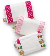 A perfect baby gift! A set of three burpcloths in adorable girl tailored patterns.