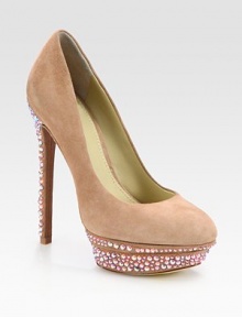 Sparkling, strategically placed crystals add a touch of glimmer to this suede platform pump. Crystal-coated heel, 5½ (140mm)Crystal-coated island platform, 1 (25mm)Compares to a 4½ heel (115mm)Suede upperLeather lining and crystal-coated solePadded insoleImportedOUR FIT MODEL RECOMMENDS ordering one size up as this style runs small. 
