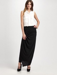 This sleek, ruched silhouette can be worn as a skirt or strapless dress.StraplessRuched throughoutMock-wrap frontAbout 43 long70% tencel/30% cottonDry cleanImported