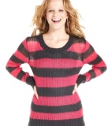 Plush knit design lends comfy-cozy charm to this striped sweater from It's Our Time! Style the cool-weather staple with a cami and trusty jeans for your toastiest look yet.