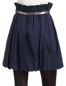 THE LOOKRuffled toplineSequins and sparkle thread trim the waistbandSide hook-and-eye closureAllover pleatsBubble hemTHE FITAbout 19 longTHE MATERIAL65% cotton/35% silkSilk liningCARE & ORIGINDry cleanImported