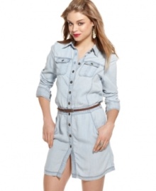 Score retro style with the Natalie shirtdress from GUESS? -- a cute denim number with major comfort appeal! Score retro style with the Natalie shirtdress from GUESS? -- a cute denim number with major comfort appeal!