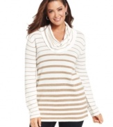 Cozy up to Jones New York Signature's striped plus size sweater, finished by a cowl neckline.